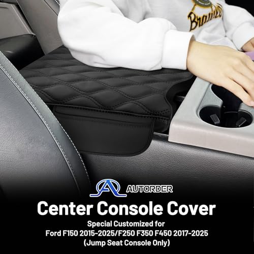 Autorder Center Console Cover for 2015-2025 Ford F150/2017-2025 F250 F350 F450 Accessories Armrest Cover with Storage Bag Anti-Scratch Middle Console Pad Leather Armrest Pad(Jump Seat Only) - size: 2015-2025 Ford F150 with Jump Seat