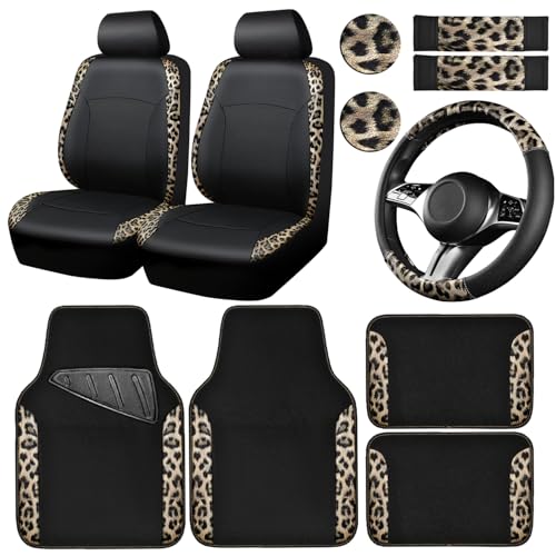 CAR PASS Leopard Print Faux Leather Car Seat Covers & Leopard Car Mats&Leopard Steering Wheel Cover Seat Belt Universal Car Accessories for SUV,Van,Saden,Truck Automobile Interior Sets(Gold Black) - color: Leopard Gold combo