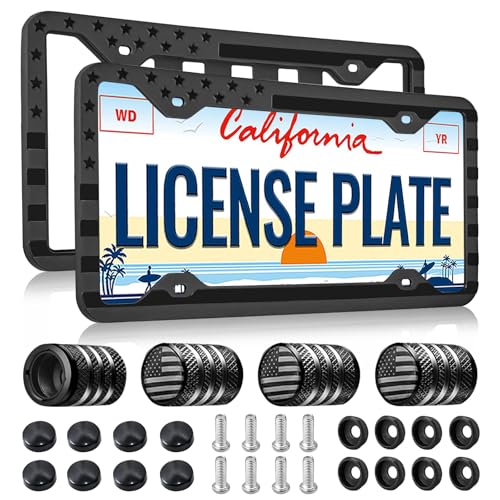 Silicone American Flag License Plate Frames - 2 Pack 3D Stars and Stripes Patriotic Gloss USA Flag Front Rear License Plate Holder with 4 Flag Tire Valve Caps and Screws Black Rustproof Auto Parts - color: Silicone American Flag