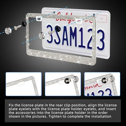 OKLPF White Bling License Plate Frames for Women, 2 Pack, Clear Rhinestone - color: white