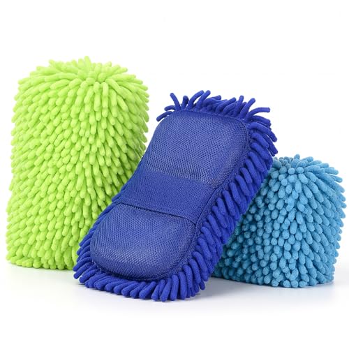 3 Pack Chenille Premium Scratch-Free Microfiber Car Wash Sponges, Non-Scratch Car Cleaning Wash Mitt, Ultra-Soft Glove, Swirl-Free Finish, Safe for Trucks, Suvs(Multicolor) - color: Multicolor