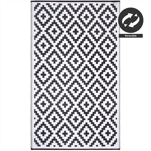 FH Home Outdoor Camping Rug - Waterproof, Fade Resistant, Reversible - Premium Recycled Plastic - Geometric - Patio, Deck, Sunroom, RV - Aztec - Black & White - 5 x 8 ft Foldable - color: Aztec - Black & White, size: 5' x 8' (Rectangular)
