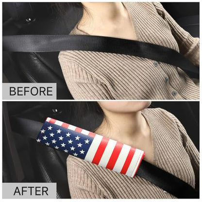 2PCS Car Seatbelt Covers, American Flag Patriotic Leather Soft Vehicle Seat Belt Shoulder Pad, USA Flag Automotive Seat Strap Harness Mat Cushion, Universal for Most Vehicles