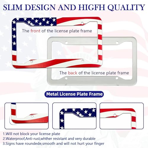 American Flag License Plate Frame Holder - 2 Pack Universal Aluminum US Flag Patriotic Car License Plate Frame with Screws Fasteners Caps, 4 Metal Car Valve Caps - color: American flag