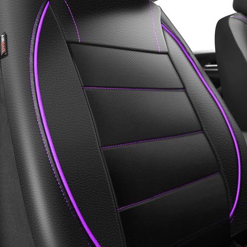 CAR PASS Universal FIT Piping Leather Two Front Seat Covers, Waterproof Faux Leather for SUV Sedan Van Truck, Airbag Compatible,Reserved Opening Holes for Headrest Covers(Black and Purple) - color: Black & Purple