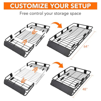 Rooftop Cargo Basket 64" x 39" Steel Universal Roof Rack Basket with Cargo Carrier Bag,Roof Rack Accessories,Adjustable to 48"x 39",200 Lbs Capacity,Car Roof Basket for SUV, Truck,Vehicle