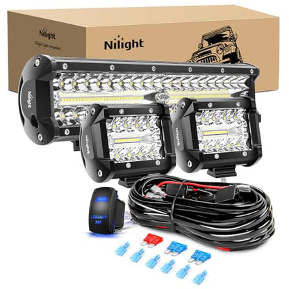 Nilight LED Light Bar 12 Inch 300W Spot Flood Combo 2 Pcs 4 inch 60W LED Pods Boat Driving Fog Lights with Off Road Wiring Harness- 3 Leads for Trucks Pickup Golf Cart SUV ATV UTV 4x4 Van Camper - color: 1PC White Lights + 2PCS LED Pods + Wiring, size: 12