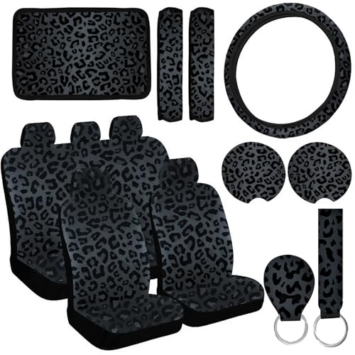 15 Pcs Black Leopard Print Printing Car Steering Wheel Cover Center Console Armrest Pad Headrest Seat Belt Cover Handbrake Cover Keychain Coaster Full Set Car SUV - color: Black