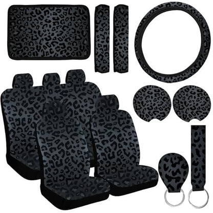15 Pcs Black Leopard Print Printing Car Steering Wheel Cover Center Console Armrest Pad Headrest Seat Belt Cover Handbrake Cover Keychain Coaster Full Set Car SUV - color: Black
