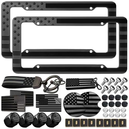 American Flag License Plate Frames, Black Patriotic Car Tag Holder 2 Pack - style: Black-Plastic