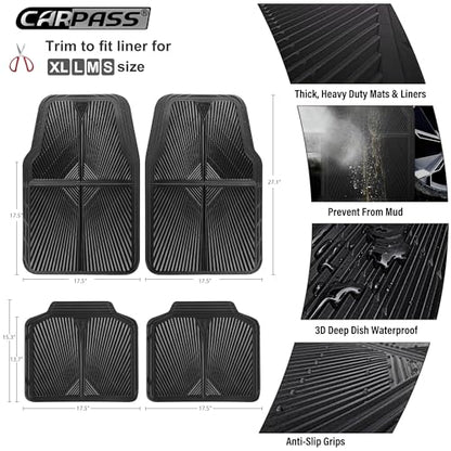 CAR PASS Rubber Car Floor Mats, All Weather Waterproof Car Mats, Universal Trim to Fit for Automotive, SUVs, Trucks, Vehicles, Anti-Slip Easy Clean, Heavy Duty Full Set 4 Piece, Black - color: Black 4 Piece
