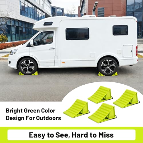 ROBLOCK 4 Pairs Wheel Chocks for Travel Trailers, Non Slip Base Heavy Duty Green Camper Wheel Chockwith Rope, Lightweight Wheel Stoppers for Cars, Camper Trucks, RVs, Easy to Carry, Green