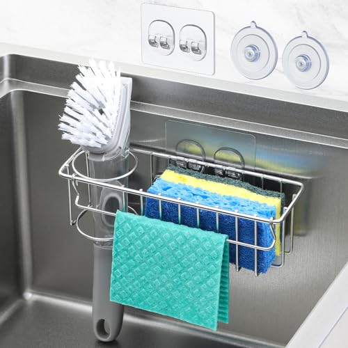 3-In-1 Sponge Holder for Kitchen Sink with Suction Cups & Adhesive Hook , In-sink Sponge Holder, Wall Hanging Sink Caddy Organizer Rack - Sponge, Dish Cloth, Brush, Scrubber - 304 Stainless Steel - color: Silver
