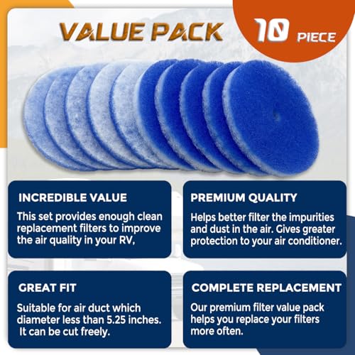 10 Pack 5.25” Round RV Air Conditioner Filters w/Central Hole