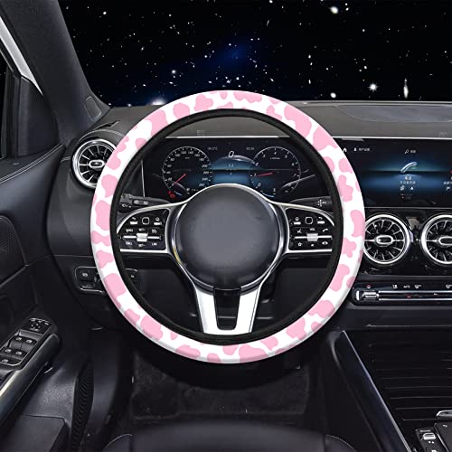 15 Pcs Car Steering Wheel Cover Center Console Armrest Pad Headrest Seat Belt Cover Handbrake Cover Keychain Coaster Full Set Car SUV (Pink Cow) - color: Pink Cow