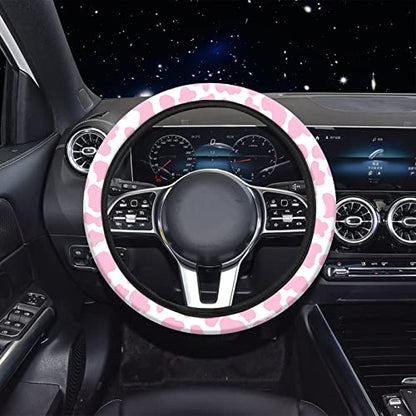 15 Pcs Car Steering Wheel Cover Center Console Armrest Pad Headrest Seat Belt Cover Handbrake Cover Keychain Coaster Full Set Car SUV (Pink Cow) - color: Pink Cow