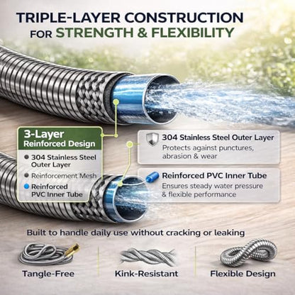 Short Metal Garden Hose 10 ft – 304 Stainless Steel Water Hose Leader, Flexible Hose Extension, Small Lightweight Hose Extender,No Kink Outdoor Hose (10 ft) - size: 10 Feet