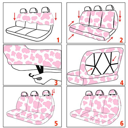 15 Pcs Car Steering Wheel Cover Center Console Armrest Pad Headrest Seat Belt Cover Handbrake Cover Keychain Coaster Full Set Car SUV (Pink Cow) - color: Pink Cow