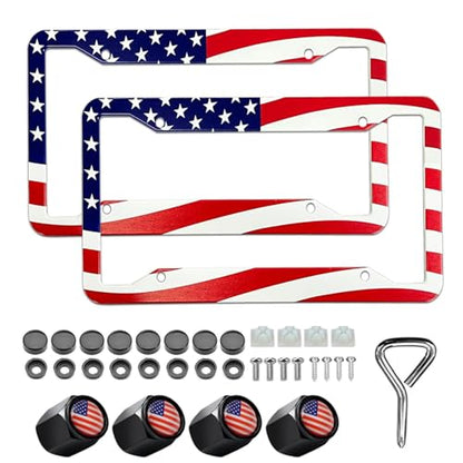 American Flag License Plate Frame Holder - 2 Pack Universal Aluminum US Flag Patriotic Car License Plate Frame with Screws Fasteners Caps, 4 Metal Car Valve Caps - color: American flag