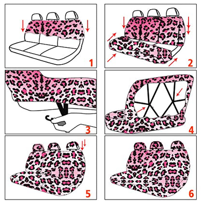 15 PCS Pink Leopard Print Car Seat Cover Set,Steering Wheel Cover Center Console Armrest Pad Headrest Seat Belt Cover Handbrake Gear Cover Keychain Coasters Full Set for Car SUV - color: Pink