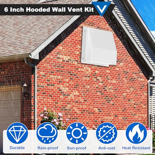 6 Inch Hooded Wall Vent with Screen and Damper, Galvanized Steel Wall Vent Cover White Metal Hood Cap Exhaust Duct Pipe Kit with Hose Clamp Aluminum Foil Tape Screw for Laundry Room Bathroom Basement - color: White, size: 6 Inch