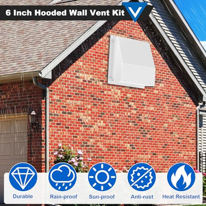 6 Inch Hooded Wall Vent with Screen and Damper, Galvanized Steel Wall Vent Cover White Metal Hood Cap Exhaust Duct Pipe Kit with Hose Clamp Aluminum Foil Tape Screw for Laundry Room Bathroom Basement - color: White, size: 6 Inch