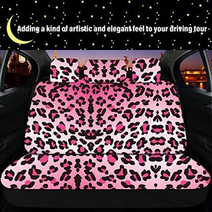 15 PCS Pink Leopard Print Car Seat Cover Set,Steering Wheel Cover Center Console Armrest Pad Headrest Seat Belt Cover Handbrake Gear Cover Keychain Coasters Full Set for Car SUV - color: Pink