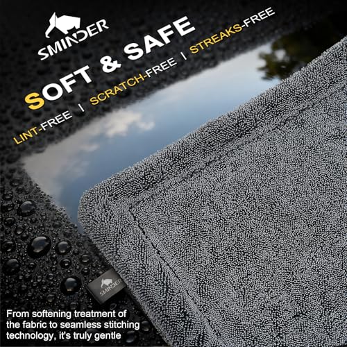 SMINDER 1400 GSM Car Drying Towels Car Detailing– XXL Microfiber Towels for Cars, Trucks (36" x 24"), Ultra-Absorbent, Streak-Free, Scratch-Free, No Water Spots, Double-Twist Pile & Edgeless Design - color: Gray