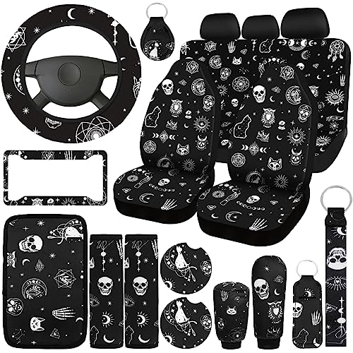 Estune 19 Pcs Skull Cat Moon Car Seat Covers, Full Set Accessories Steering Wheel Cover Front Rear Headrest Armrest Belt Cup Holder Keychains Wrist Strap for SUV LAN-Estune-869 - style: Skull Cat Moon