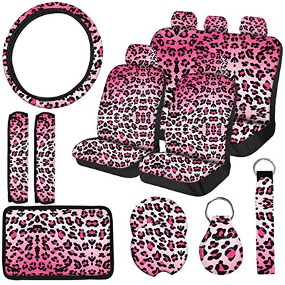 15 PCS Pink Leopard Print Car Seat Cover Set,Steering Wheel Cover Center Console Armrest Pad Headrest Seat Belt Cover Handbrake Gear Cover Keychain Coasters Full Set for Car SUV - color: Pink