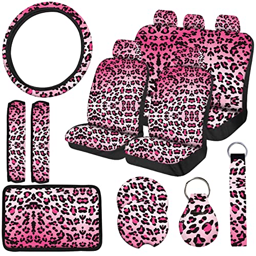 15 PCS Pink Leopard Print Car Seat Cover Set,Steering Wheel Cover Center Console Armrest Pad Headrest Seat Belt Cover Handbrake Gear Cover Keychain Coasters Full Set for Car SUV - color: Pink