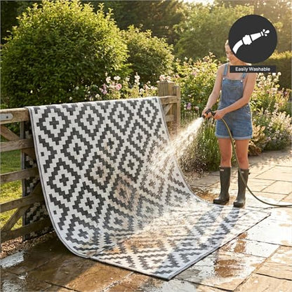 FH Home Outdoor Camping Rug - Waterproof, Fade Resistant, Reversible - Premium Recycled Plastic - Geometric - Patio, Deck, Sunroom, RV - Aztec - Black & White - 5 x 8 ft Foldable - color: Aztec - Black & White, size: 5' x 8' (Rectangular)